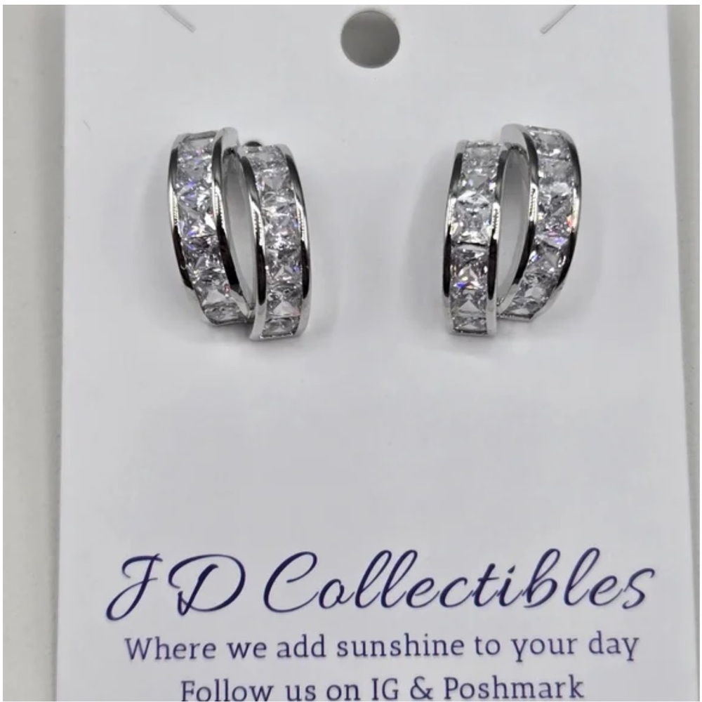 Double Half Hoop Earrings Made w Swarovski Crystals Silver Overlay